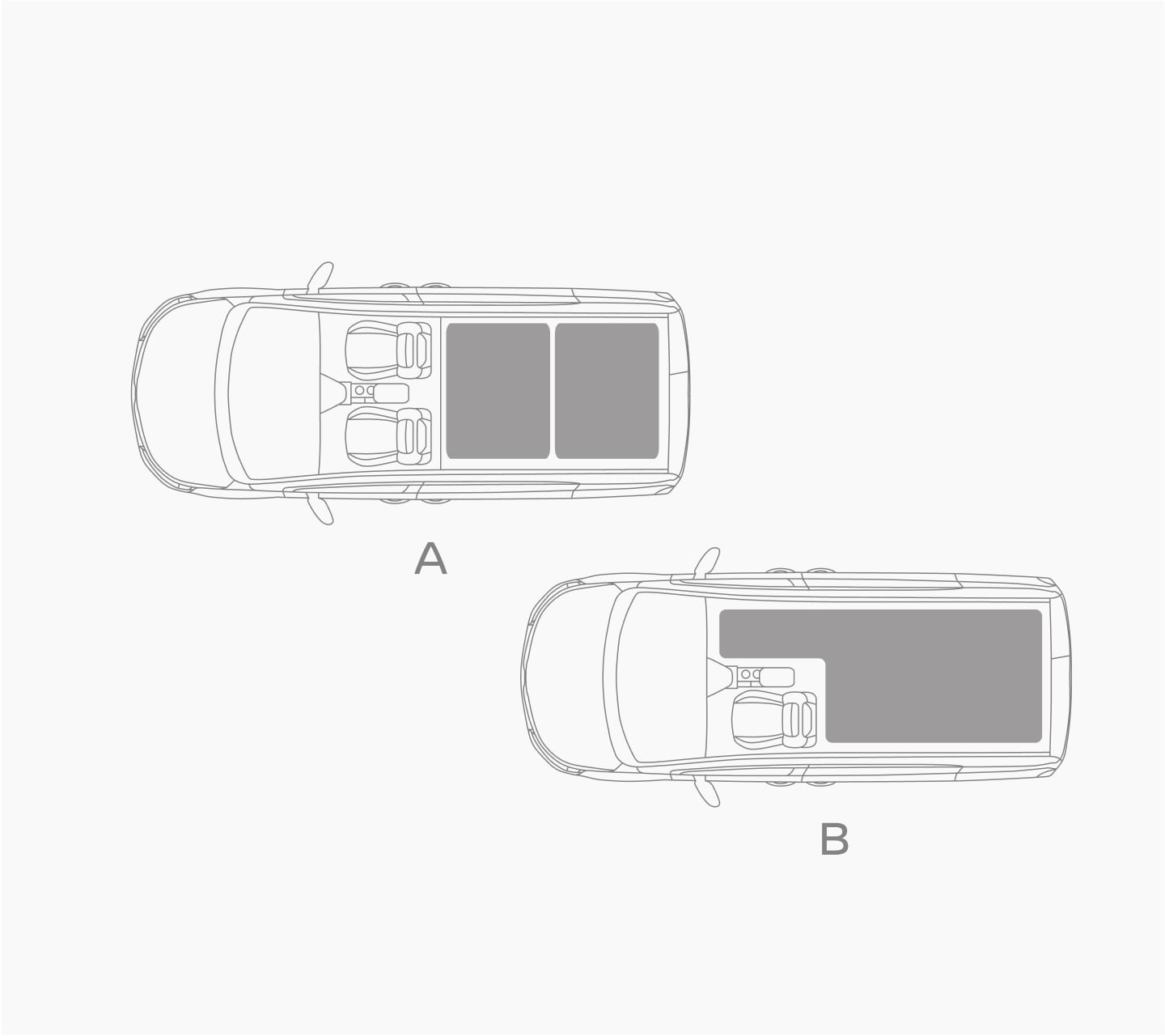 Nissan TOWNSTAR fourgon - Vue de dessus illustrations du volume de coffre partiel et total en L2
